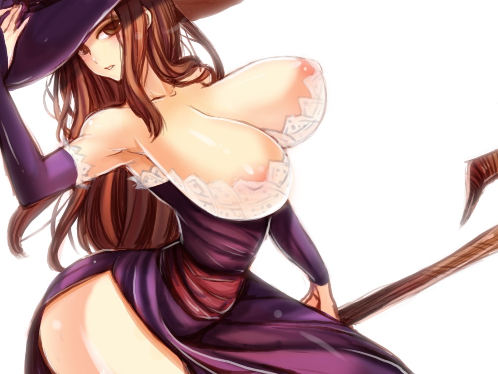 areola_slip armpits artist_request ass bare_shoulders blush breasts cleavage dragon's_crown female hat huge_breasts rule34 sorceress_(dragon's_crown) staff vanillaware weapon