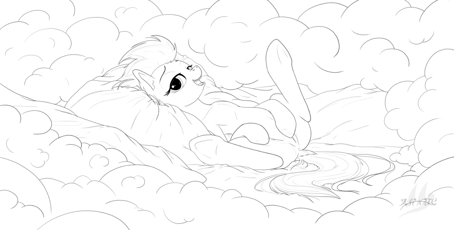 anus cloud drake_drachenlicht e621 equid equine female feral friendship_is_magic genitals hasbro hi_res horse legs_up looking_at_viewer lying mammal monochrome my_little_pony nude on_back open_mouth outside pillow playful pony smile solo spitfire_(mlp) vulva wonderbolts_(mlp)
