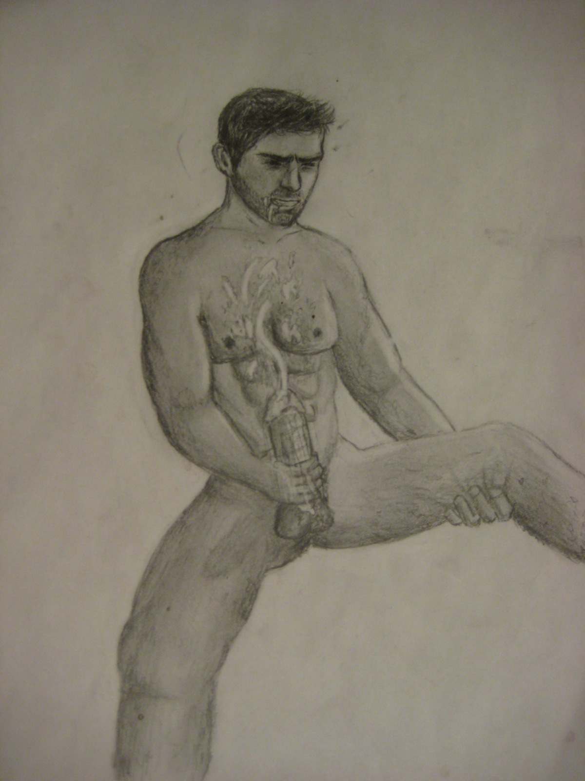 balls beard black_and_white chest_hair cum cum_on_chest ejaculation erection male male_only masturbation nathan_drake nipples penis rule34 short_hair sketch uncharted