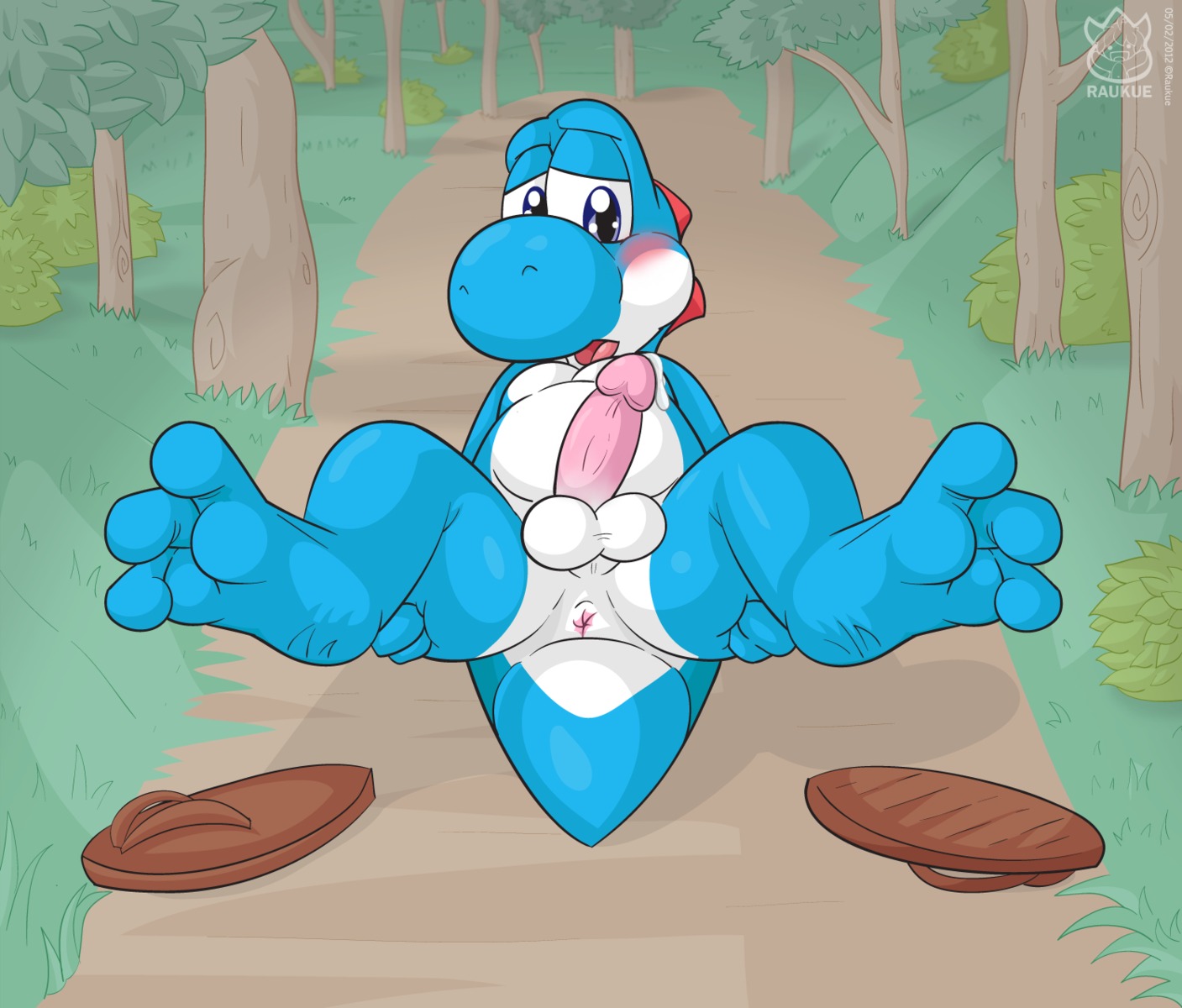 3_toes anus balls barefoot blue_body blue_skin blush circumcised cyan_yoshi digital_media_(artwork) dinosaur e621 erection feet foot_focus genitals hi_res hindpaw humanoid_genitalia humanoid_penis male mario_bros nintendo nude paws penis plantigrade prehistoric_species raukue reptile scalie soles solo spread_legs spreading tail tail_anus thick_tail toes yoshi
