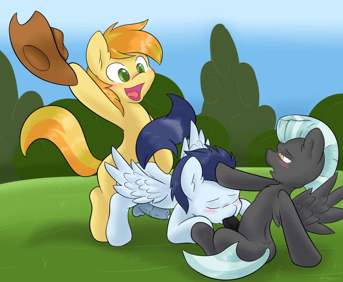 2014 absurd_res ambris anal anal_penetration black_body black_feathers black_fur blonde_hair blue_body blue_feathers blue_fur blue_hair blush braeburn_(mlp) clothing cowboy_hat double_penetration e621 earth_pony equid equine erection eyes_closed feathered_wings feathers fellatio feral friendship_is_magic fur genitals green_eyes group group_sex hair hasbro hat headgear headwear hi_res horse male male/male male_penetrated male_penetrating male_penetrating_male mammal multicolored_hair my_little_pony mythological_creature mythological_equine mythology nude open_mouth oral oral_penetration orange_hair pegasus penetration penile penile_penetration penis penis_in_ass penis_in_mouth pony sex soarin_(mlp) spitroast threesome thunderlane_(mlp) tongue trio two_tone_hair wings wonderbolts_(mlp) yellow_body yellow_eyes yellow_fur