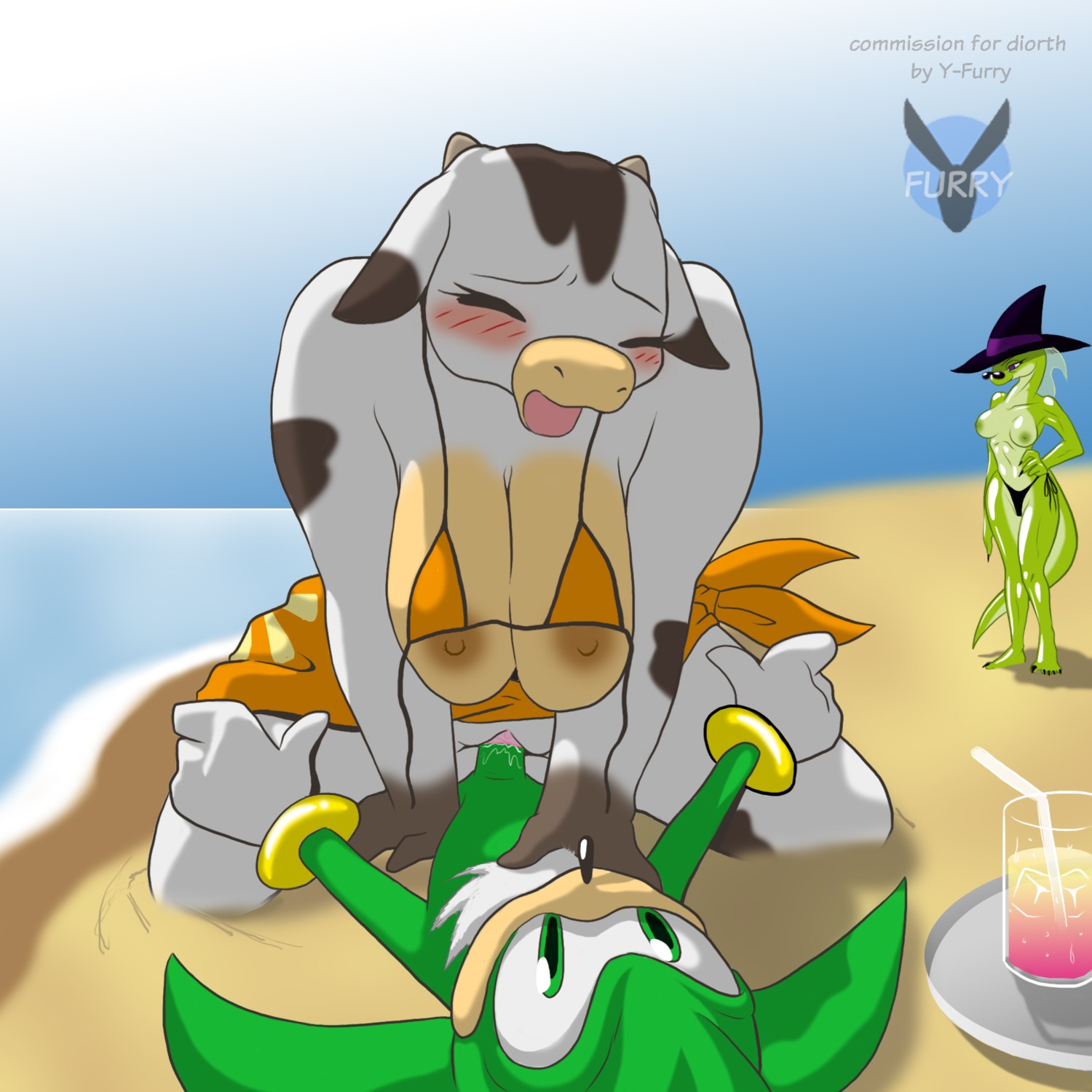 1:1 4_fingers 5_toes anthro anthro_on_anthro barefoot beach bendy_straw beverage black_body black_eyes black_fur black_nose black_skin blush bovid bovine bra breasts brown_body brown_skin cattle claws clothed clothing container cowgirl_position cup dairy_cattle detailed_background drinking_straw e621 erection eulipotyphlan european_hedgehog eyelashes eyes_closed eyewear feet female fingers food from_front_position fur genitals glass glasses glistening gloves green_body green_eyes green_skin group hand_on_hip handwear hat headgear headwear hedgehog hi_res holstein_friesian_cattle horn interspecies kneeling larger_female lizard looking_down lying male male/female mammal narrowed_eyes nipples nude on_back on_bottom on_ground on_top open_mouth outside partially_clothed penetration penis purple_eyes quills_(anatomy) raised_arm reptile sand scalie sea seaside sega sex sex_on_the_beach shadow size_difference sky smaller_male sonic_the_hedgehog_(series) spread_legs spreading squint standing straddling tan_body tan_skin thong toe_claws toes tray underwear vaginal vaginal_penetration vulva water white_body white_fur wristband y-furry
