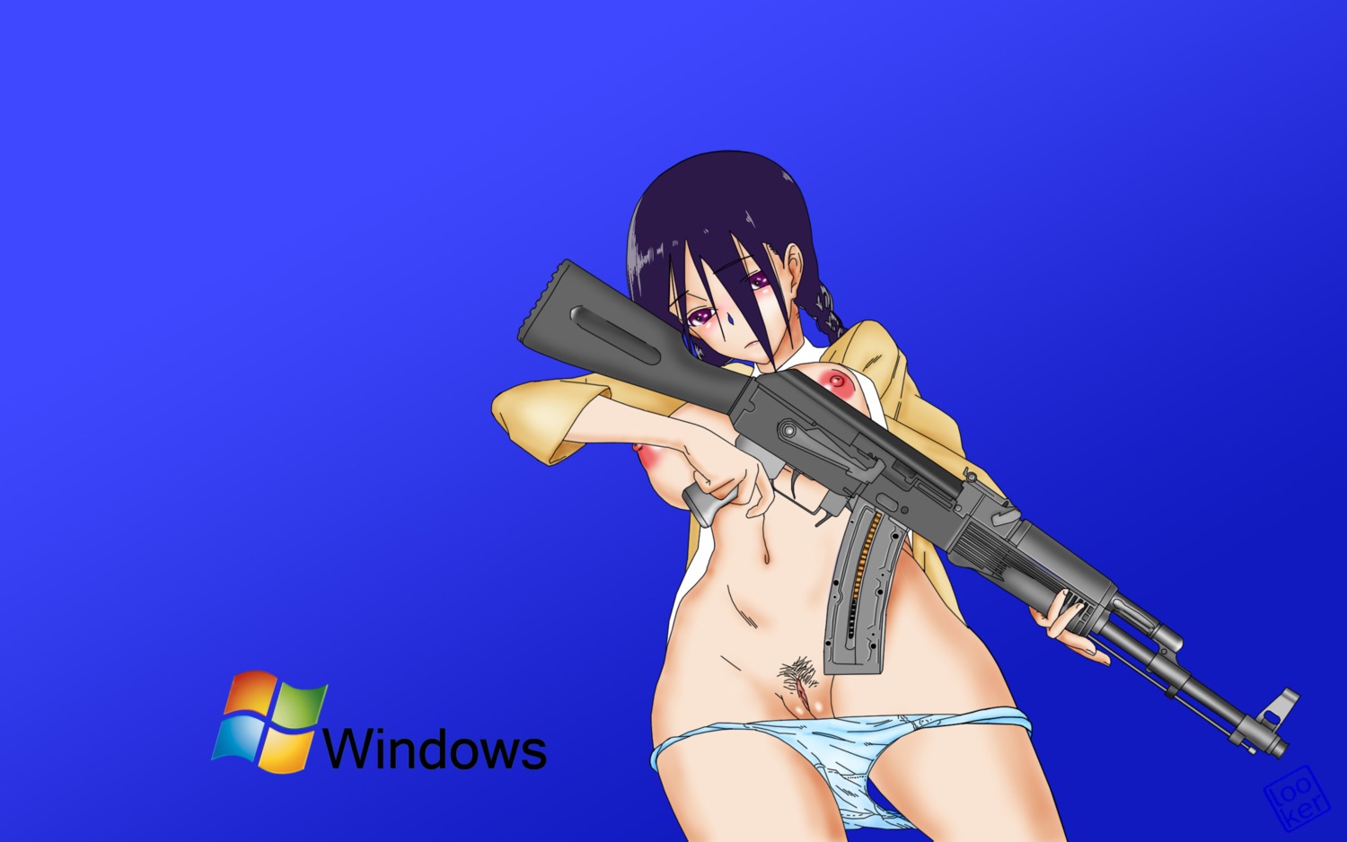 female looker_(artist) original pink_eyes purple_hair rule34 weapon windows