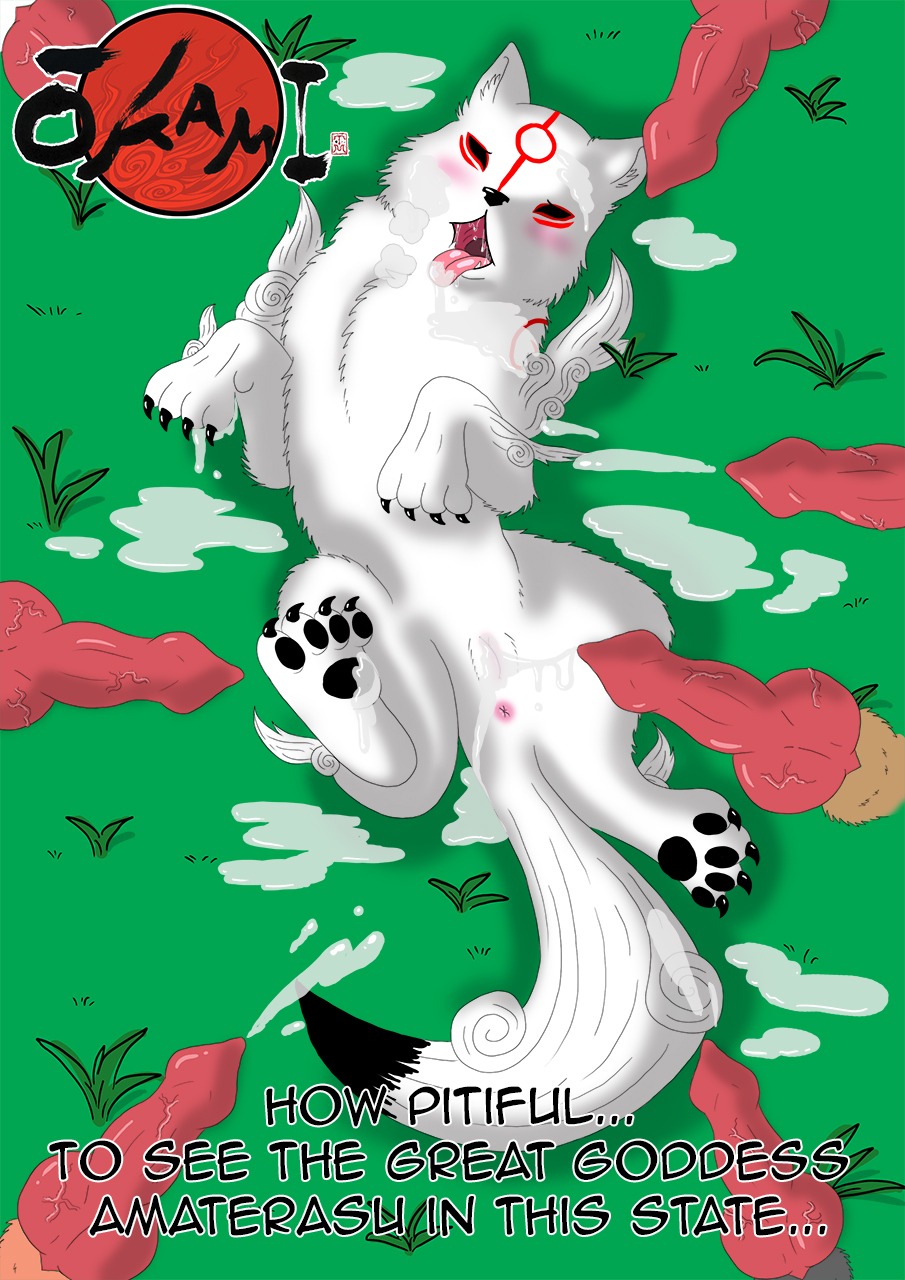 4_toes amaterasu_(okami) anus ariesartist black_body black_eyes black_nose black_skin blush bodily_fluids brown_body brown_fur butt canid canine canis capcom claws clover_studio cum cum_on_feet cum_on_ground deity drooling e621 ellipsis english_text erection feet female feral fur gangbang genital_fluids genitals glistening grass group group_sex hi_res knot male male/female mammal nude okami_(capcom) open_mouth orange_body orange_fur orgasm pawpads paws penis pink_body pink_penis pink_skin plant raised_leg red_body red_fur saliva sex shadow sharp_teeth teeth text toe_claws toes tongue tongue_out vein white_body white_fur wolf