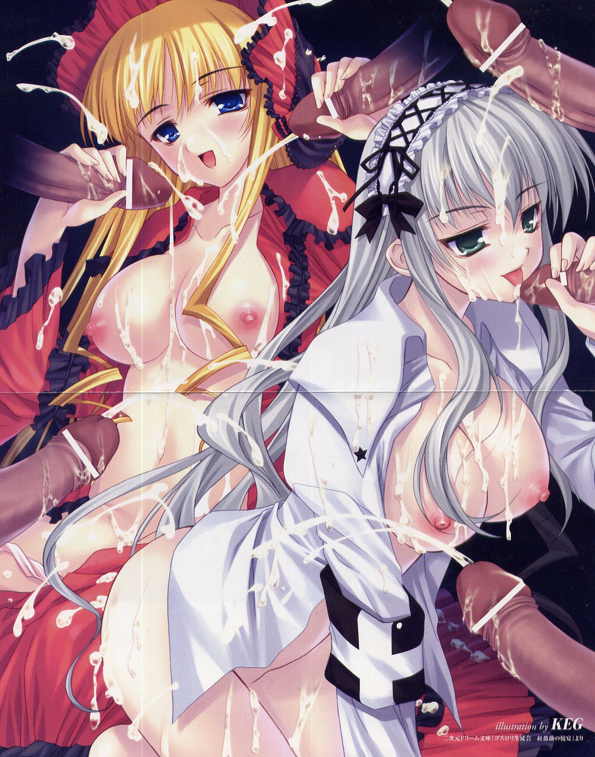 blonde_hair blue_eyes bukkake cosplay dark-skinned_male dark_skin fellatio female gothic_lolita green_eyes grey_hair hair keg male nipples oppai oral penis rozen_maiden rule34 shinku suigintou tekoki