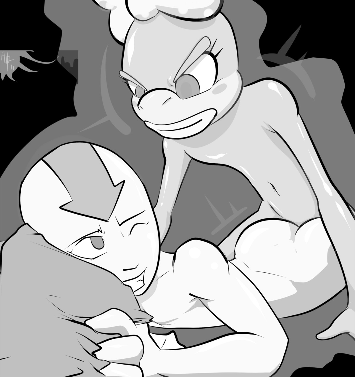 aang abacus_orrin abacusthezero air_nomad airbender_tattoo anthro avatar_legends avatar_the_last_airbender bow crossover eastern_and_western_character koopa male mario_(series) monochrome nintendo polka_dots rule34 rule_63 the_avatar wendy_o._koopa