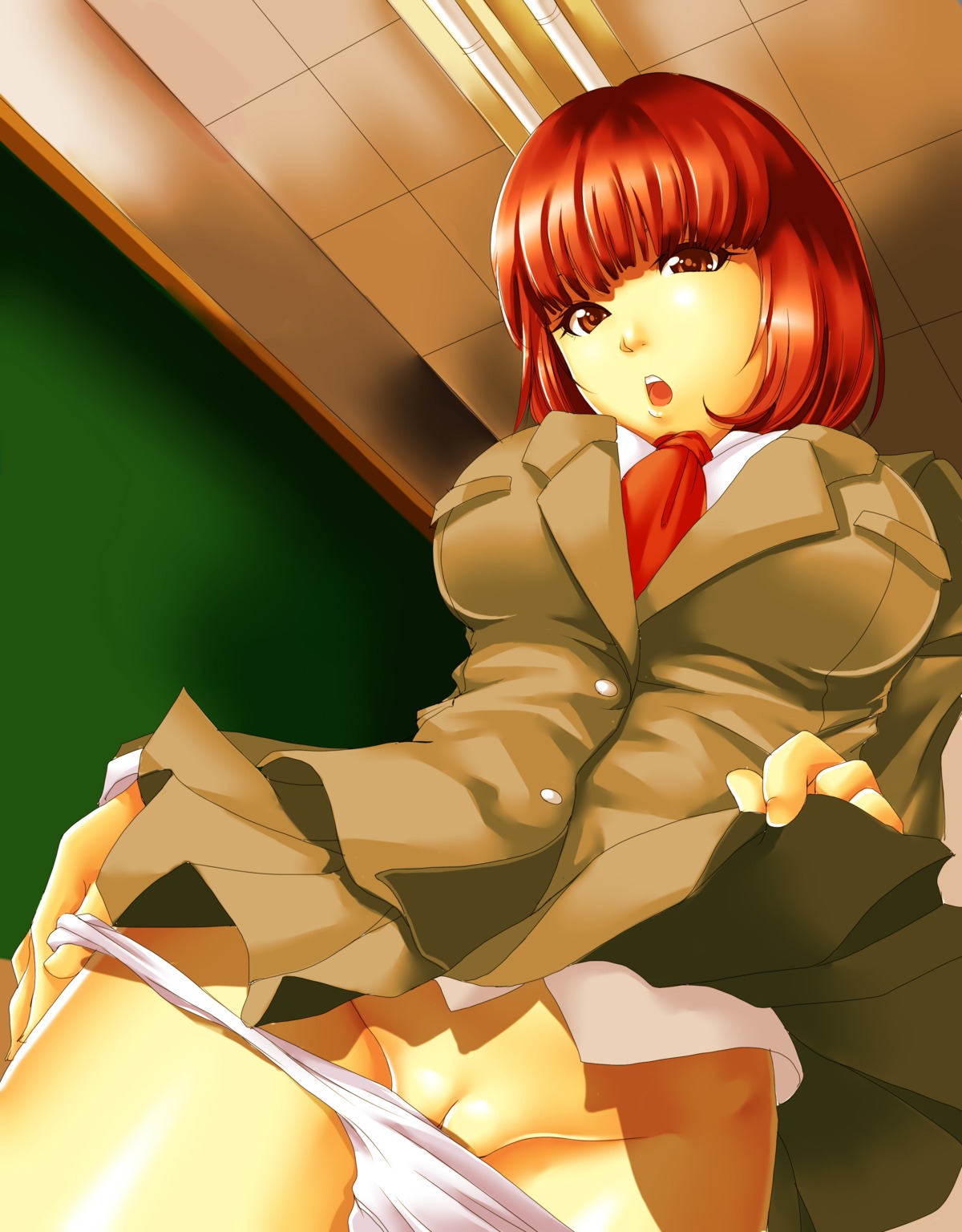 1girls blazer bob_cut female from_below highres original panties panty_pull partially_exposed_vulva partially_visible_vulva pleasure-treasure pussy pussy_peek red_eyes red_hair rule34 school_uniform skirt skirt_lift solo uncensored underwear upskirt white_panties