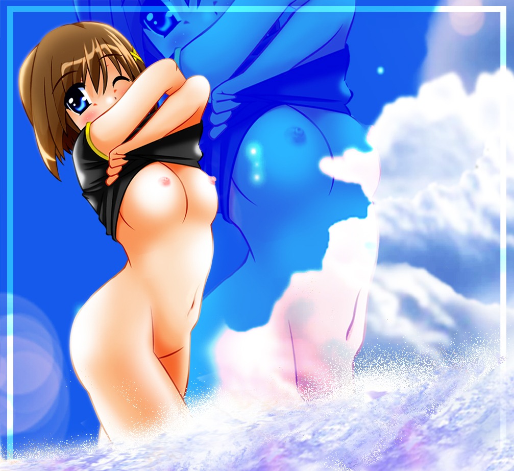 ass blue_eyes bottomless breasts brown_hair female hayate_yagami mahou_shoujo_lyrical_nanoha mahou_shoujo_lyrical_nanoha_strikers navel rule34 shirt_lift wink