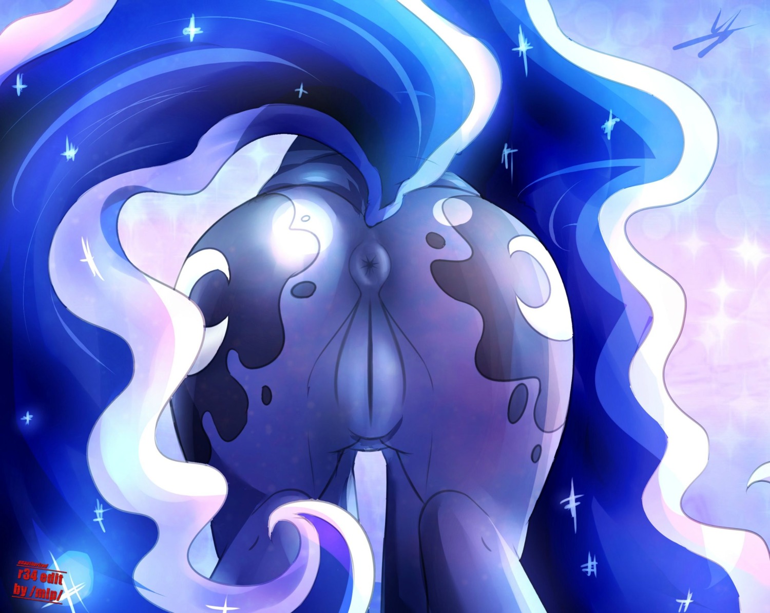 2014 anus blue_body blue_fur blue_hair butt censor_removal_edit cutie_mark e621 equid equine female feral friendship_is_magic fur genitals glowing hair hasbro hi_res horse kyodashiro long_hair mammal my_little_pony pony presenting presenting_vulva princess princess_luna_(mlp) raised_tail royalty solo tail third-party_edit vulva
