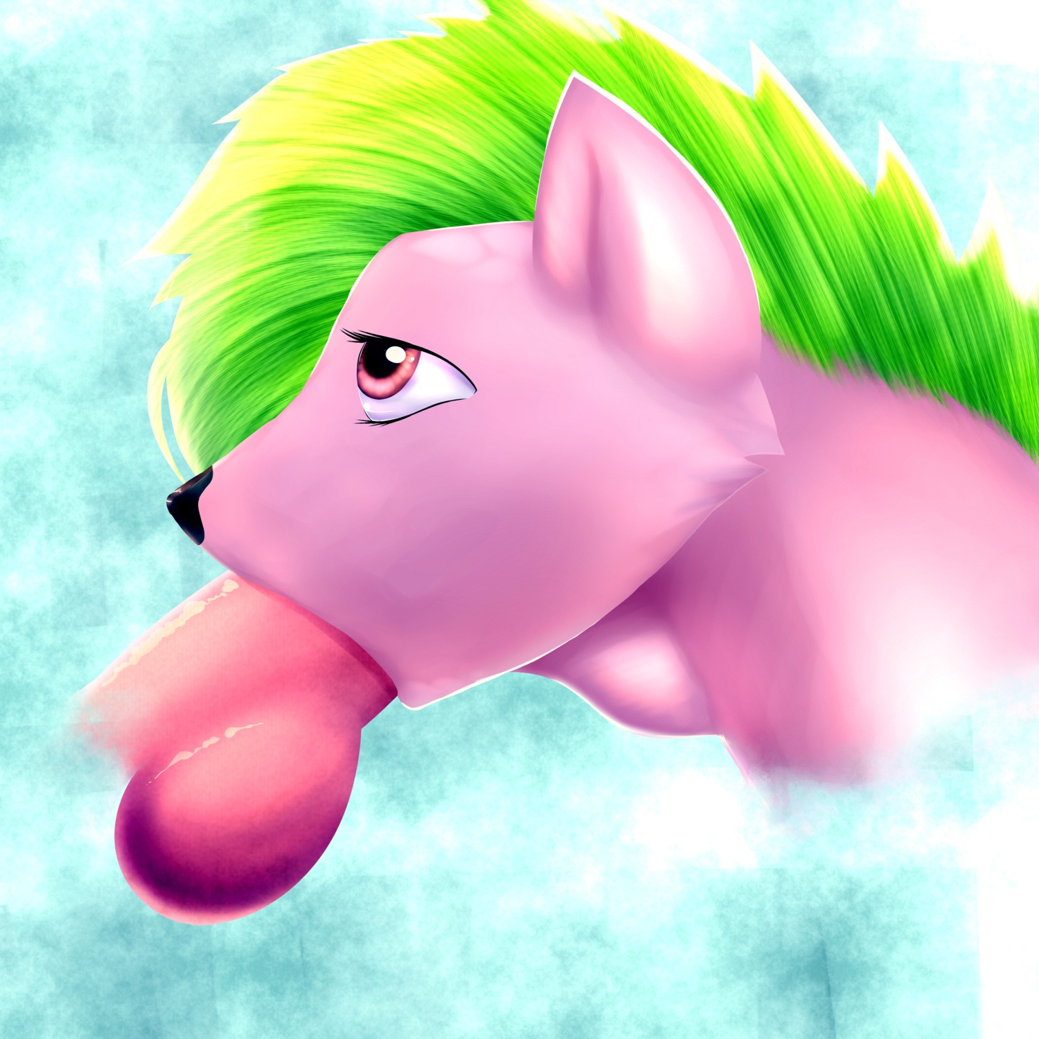 1:1 abstract_background absurd_res ambiguous_gender anthro balls canid canine canis deep_throat disembodied_penis domny duo e621 erection fellatio female fox fur genitals green_hair hair hi_res knot male male/female male_penetrating mammal neck_bulge oral oral_penetration penetration penile penis pink_body pink_eyes pink_fur sex simple_background solo_focus wolf