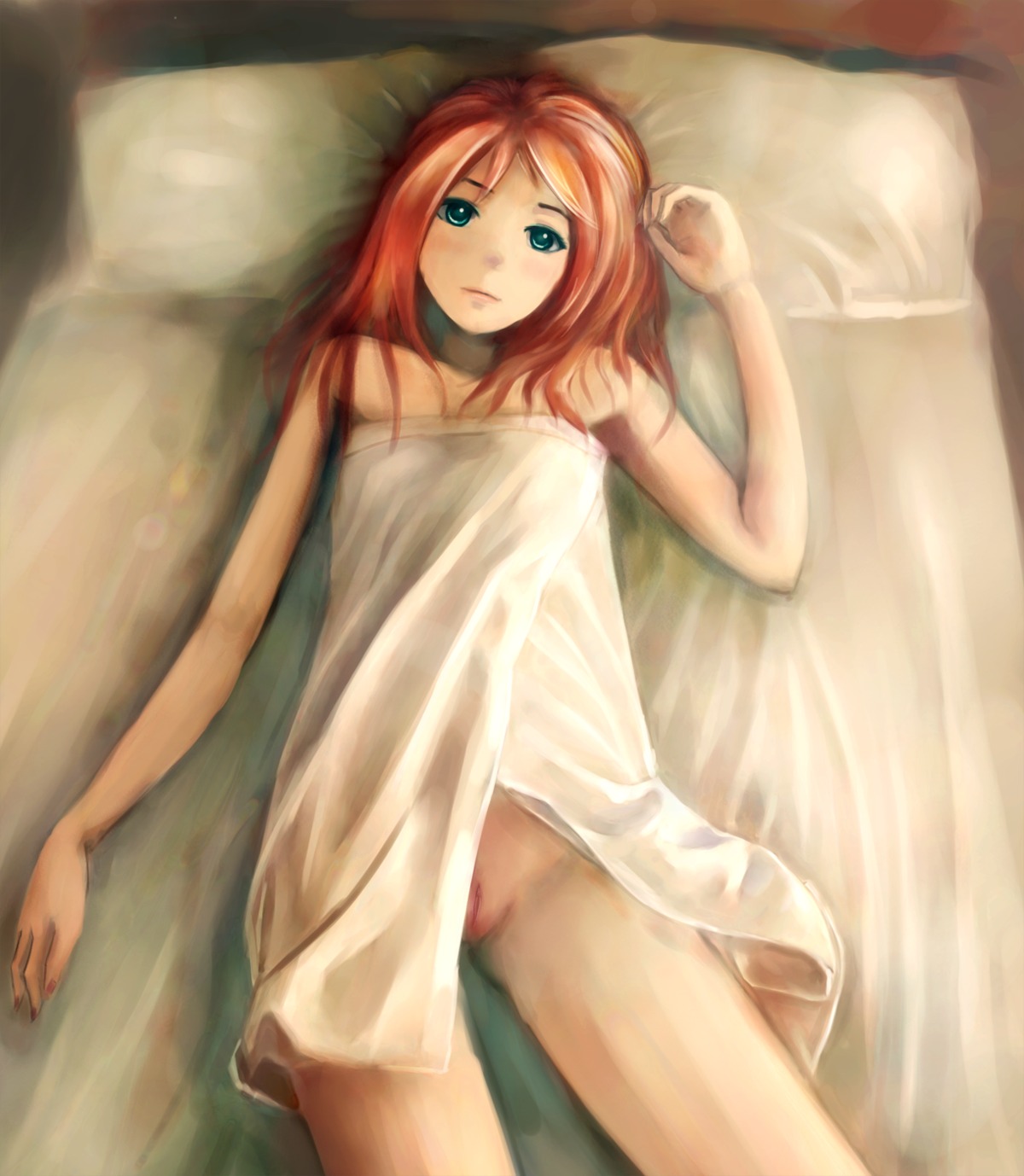 bed bottomless clitoris female fg green_eyes highres looking_at_viewer lying no_panties pussy red_hair rule34 solo uncensored