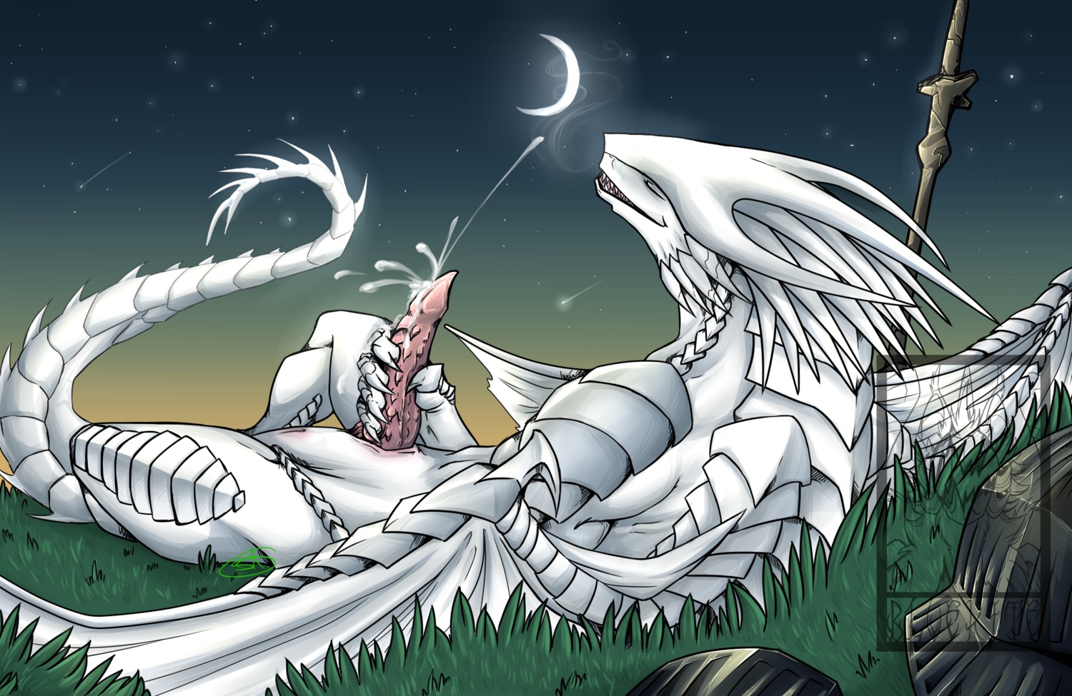 animal_genitalia anthro anus biped bluekite bodily_fluids butt crescent_moon cum cumshot digital_media_(artwork) dragon e621 ejaculation erection european_mythology eyes_closed genital_fluids genital_slit genitals grass hi_res knot lying male masturbation membrane_(anatomy) membranous_wings moon mythological_creature mythological_scalie mythology night nude on_back orgasm orgasm_face outside penile penile_masturbation penile_spines penis plant pose precum saybin_iacere scales scalie shooting_star sky smile smirk solo star starry_sky tail teeth western_dragon white_body white_scales wings