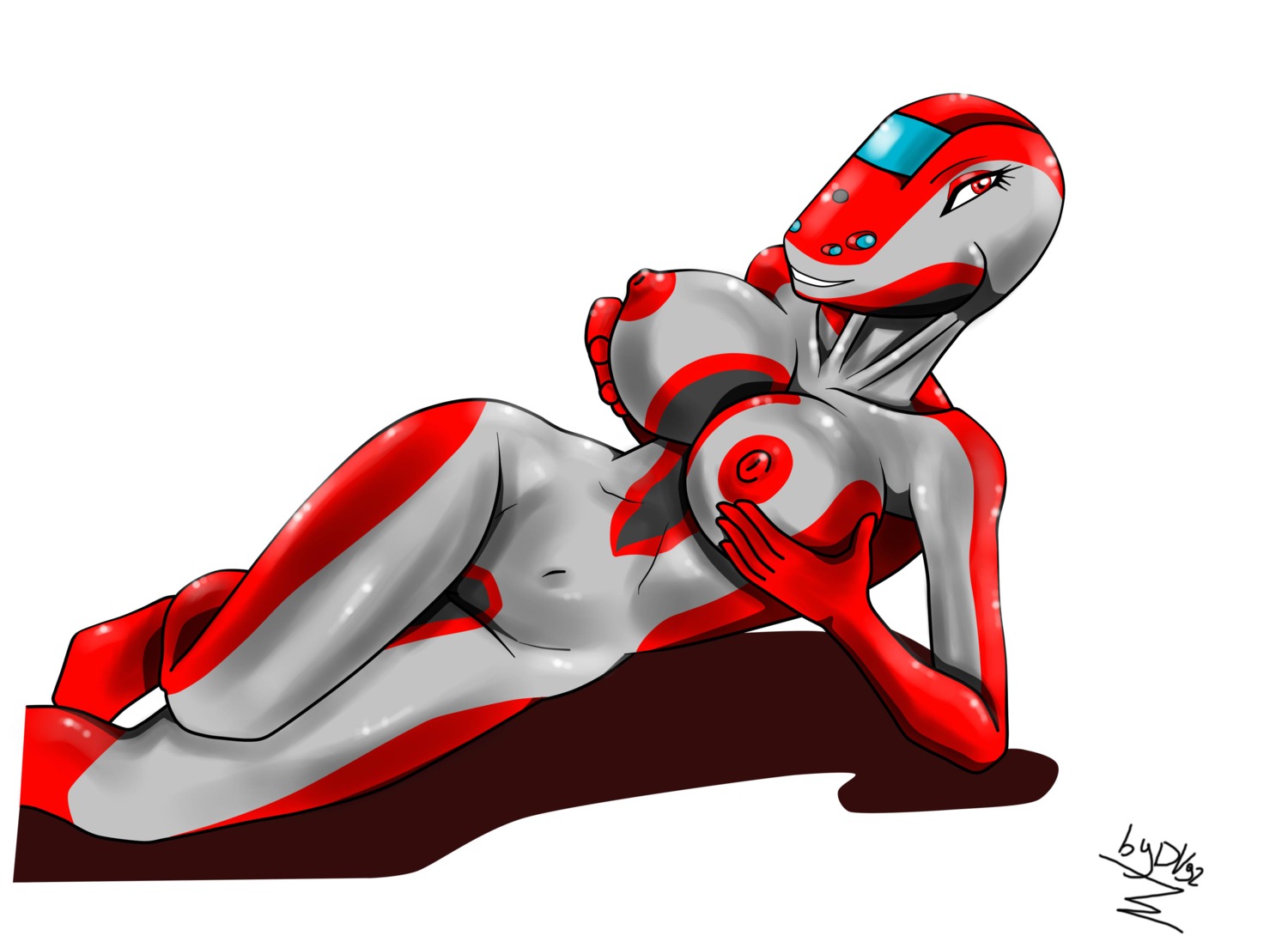 5_fingers absurd_res anthro breast_grab breasts e621 eyebrows female fingers fondling hand_on_breast hi_res living_machine machine navel nipples nude red_eyes red_nipples self_fondle solo train vd-dv vehicle