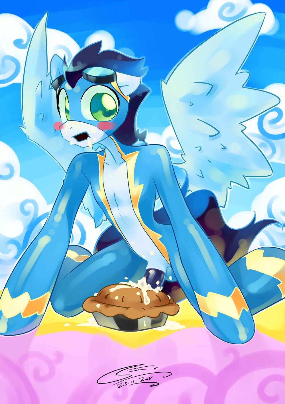 blue_body blue_feathers blush bodily_fluids censor_removal_edit cum cum_in_food cum_on_food dessert e621 equid equine erection eyewear feathered_wings feathers food food_fetish food_penetration food_play friendship_is_magic genital_fluids genitals goggles hasbro hi_res improvised_sex_toy iopichio male mammal my_little_pony mythological_creature mythological_equine mythology pastry pegasus penis pie soarin_(mlp) solo tail third-party_edit wings wonderbolts_(mlp)