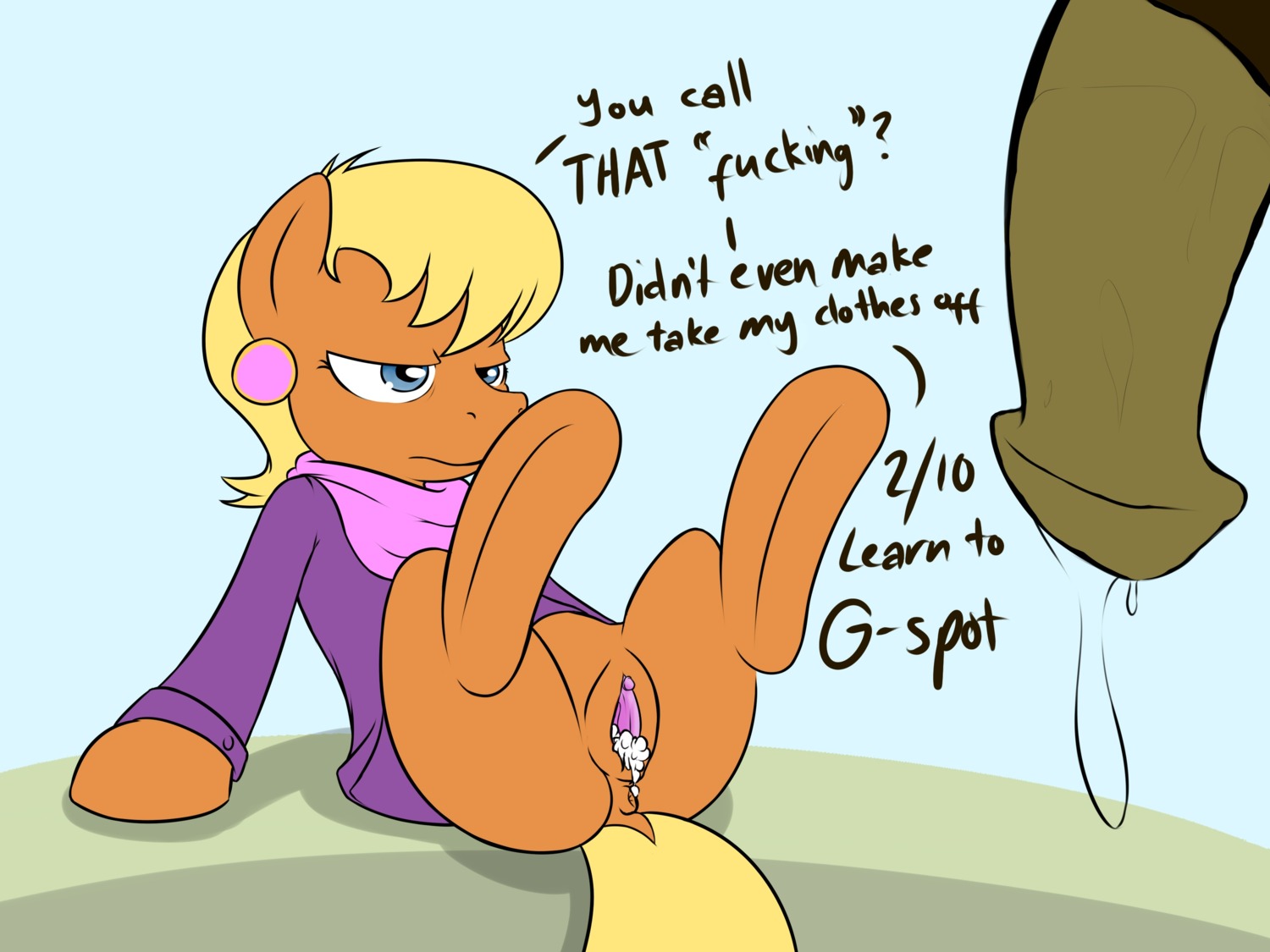 2013 4:3 absurd_res after_sex animal_genitalia animal_penis blonde_hair blue_eyes bodily_fluids brown_body brown_fur clitoris clothing cum cum_in_vagina cum_inside dialogue duo e621 ear_piercing earth_pony english_text equid equine equine_genitalia equine_penis female feral flaccid friendship_is_magic fur gaping gaping_vagina genital_fluids genitals hair hasbro hi_res horse male male/female mammal ms._harshwhinny_(mlp) my_little_pony penis piercing pony text unsatisfied vulapa vulva