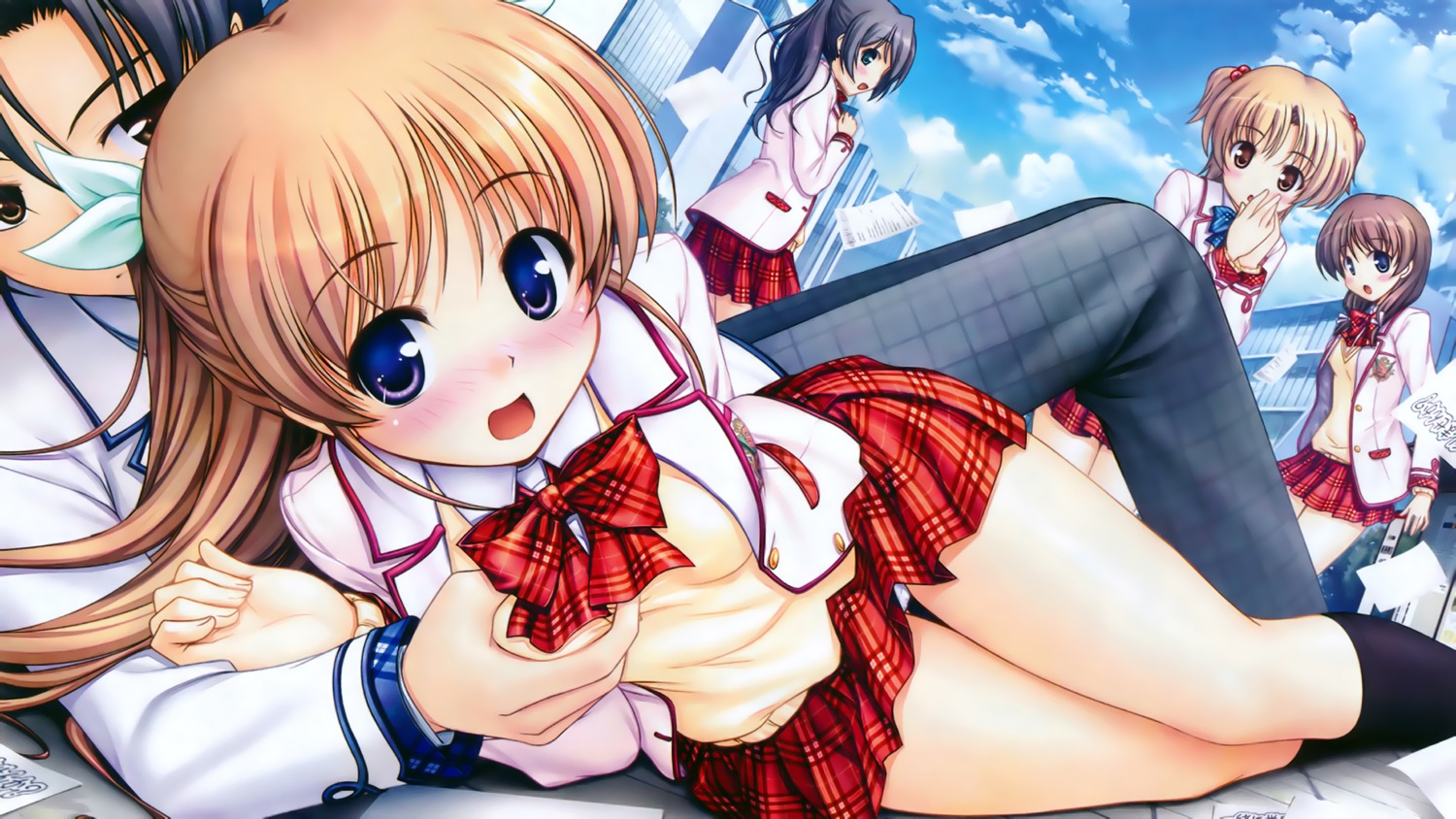 bekkankou blush breast_grab breasts daitoshokan_no_hitsujikai female panties pointy_chin questionable rule34 seifuku shirasaki_tsugumi underwear