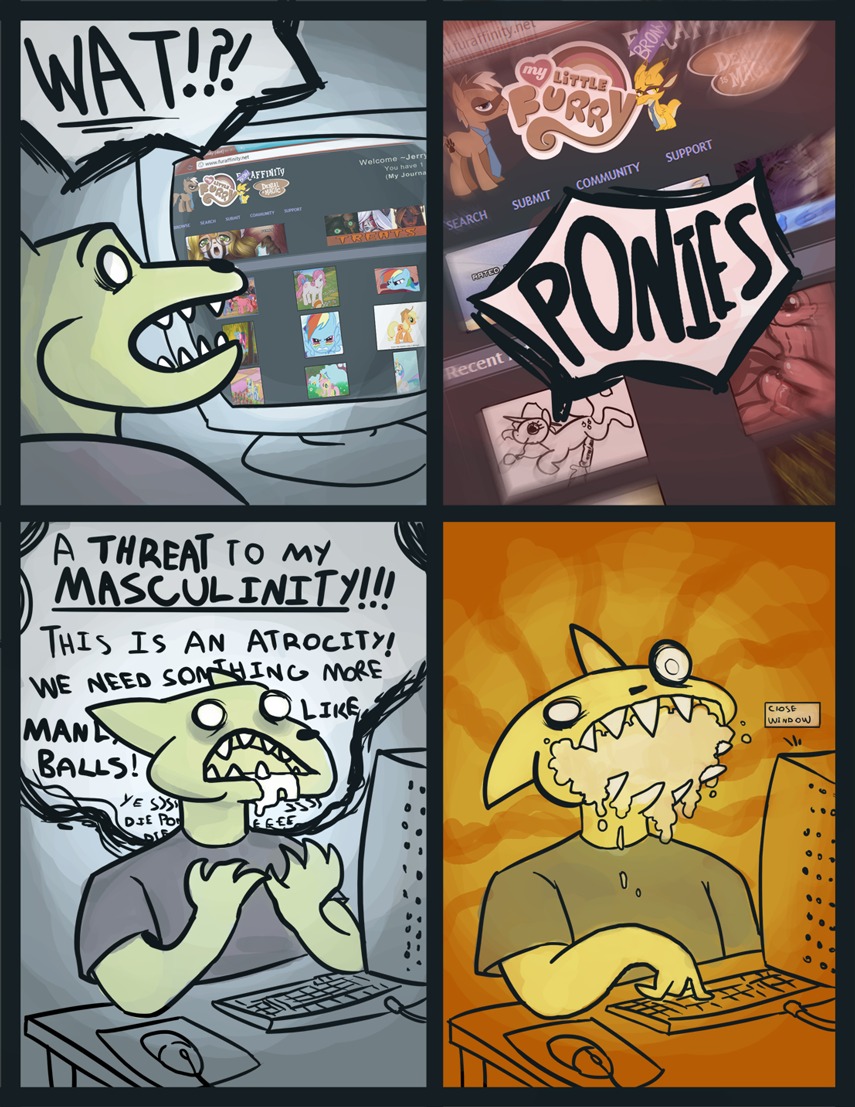 angry anthro applejack_(mlp) bodily_fluids browsing comic commentary computer digital_media_(artwork) disgruntled drooling e621 electronics english_text equid equine fluttershy_(mlp) friendship_is_magic froth furaffinity genitals hasbro horse humor internet jerry_(mistresssparkles) male mammal masculinity mistresssparkles my_little_pony penis pinkie_pie_(mlp) pony princess_celestia_(mlp) rainbow_dash_(mlp) reaction_image saliva solo surprised text thestory yellow_body