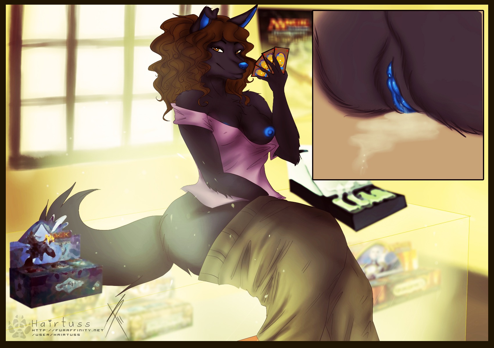 anthro black_body black_fur bodily_fluids booster_box border breasts brown_hair canid canine canis card card_shop cash_register clothed clothing counter display_case domestic_dog e621 eventide_(magic) female fur genital_fluids genitals hair hairtuss hasbro hi_res holding_card holding_object magic:_the_gathering magic:_the_gathering_card mammal mastiff masturbation mirrodin_besieged molosser nipples one_breast_out partially_clothed poster scars_of_mirrodin shadowmoor shar_pei sherri_mayim sitting solo store tail trading_card unavailable_at_source vaginal_fluids vulva wizards_of_the_coast yellow_border