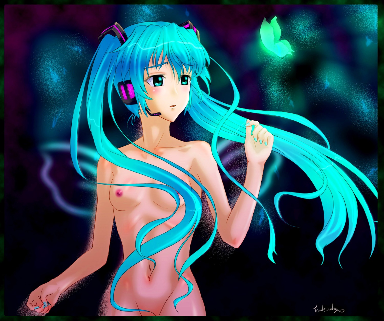 1girl aqua_eyes aqua_hair blush breasts bug butterfly female hatsune_miku headset long_hair nail_polish navel nipples nude rule34 small_breasts solo tagme twintails very_long_hair vocaloid