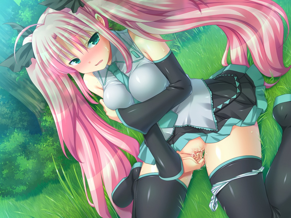 1girl between_breasts blush boots breasts c-cube cosplay detached_sleeves female female_masturbation game_cg grass green_eyes hatsune_miku hatsune_miku_(cosplay) long_hair masturbation necktie outdoors panties panties_around_one_leg pink_hair ppph pussy pussy_juice rule34 sitting skirt solo striped striped_panties sweat tennousu_airu thigh_boots thighhighs tie tied_hair twintails underwear very_long_hair vocaloid wariza