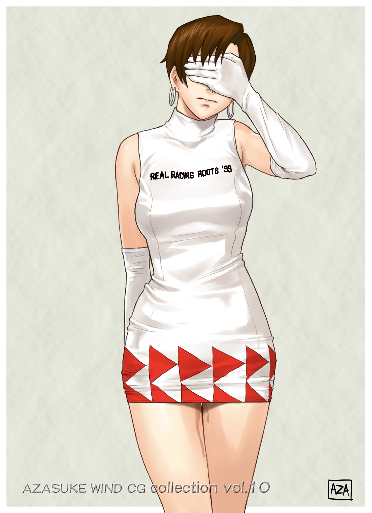 azasuke bare_shoulders brown_eyes brown_hair covering covering_eyes covering_face dress earrings elbow_gloves embarrassed female gloves highres hoop_earrings jewelry nagase_reiko pussy pussy_juice race_queen ridge_racer rule34 short_hair solo standing thigh_gap thighs