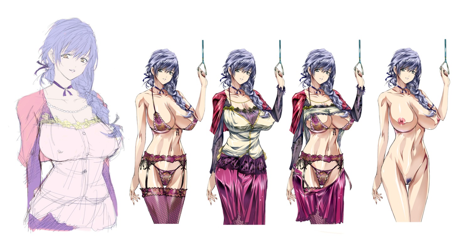 bra braid breasts character_request character_sheet choker cleavage cleft_of_venus copyright_request costume_chart female garter_belt garter_straps green_eyes highres impossible_clothes lingerie looking_at_viewer milf naked_thighhighs navel nude panties pubic_hair pussy q_azieru rule34 shirt_lift side-tie_panties simple_background sketch skirt skirt_pull smile solo thighhighs uncensored underboob underwear white_background