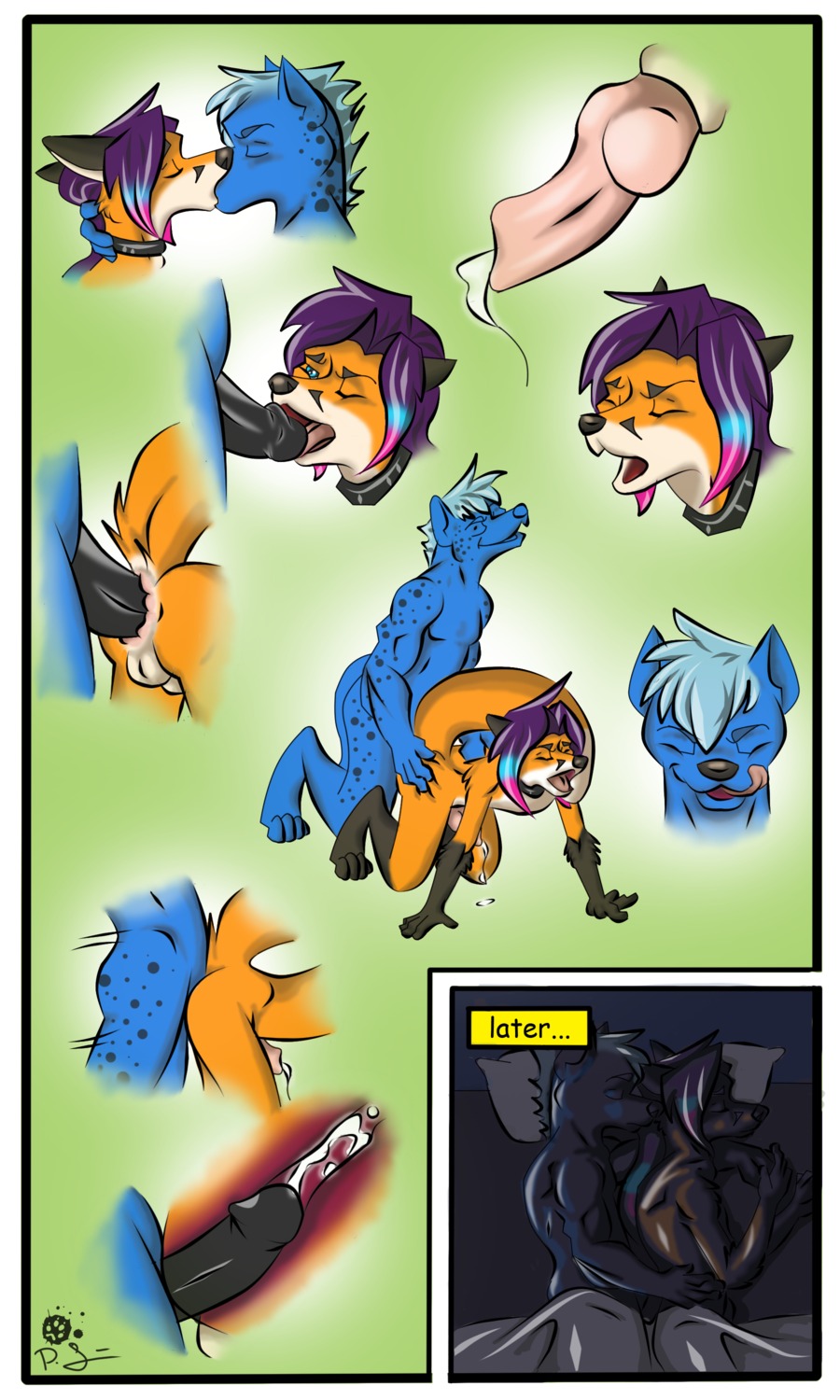 3:5 absurd_res after_sex afterglow all_fours anal anal_penetration anthro black_penis blue_body blue_eyes blue_hair bodily_fluids canid canine collar comic cuddling cum cum_in_ass cum_inside disembodied_penis doggystyle duo e621 english_text erection eyes_closed fox french_kissing from_behind_position genital_fluids genitals glans hair hi_res hug humanoid_genitalia humanoid_penis hyena internal kissing knot knoxin kraven_lupei licking love male male/male male_penetrated male_penetrating male_penetrating_male mammal multiple_positions one_eye_closed open_mouth oral orgasm penetration penile penis penis_lick raised_tail romantic romantic_couple rough_sex sex simple_background spotted_hyena tail text tongue tongue_out