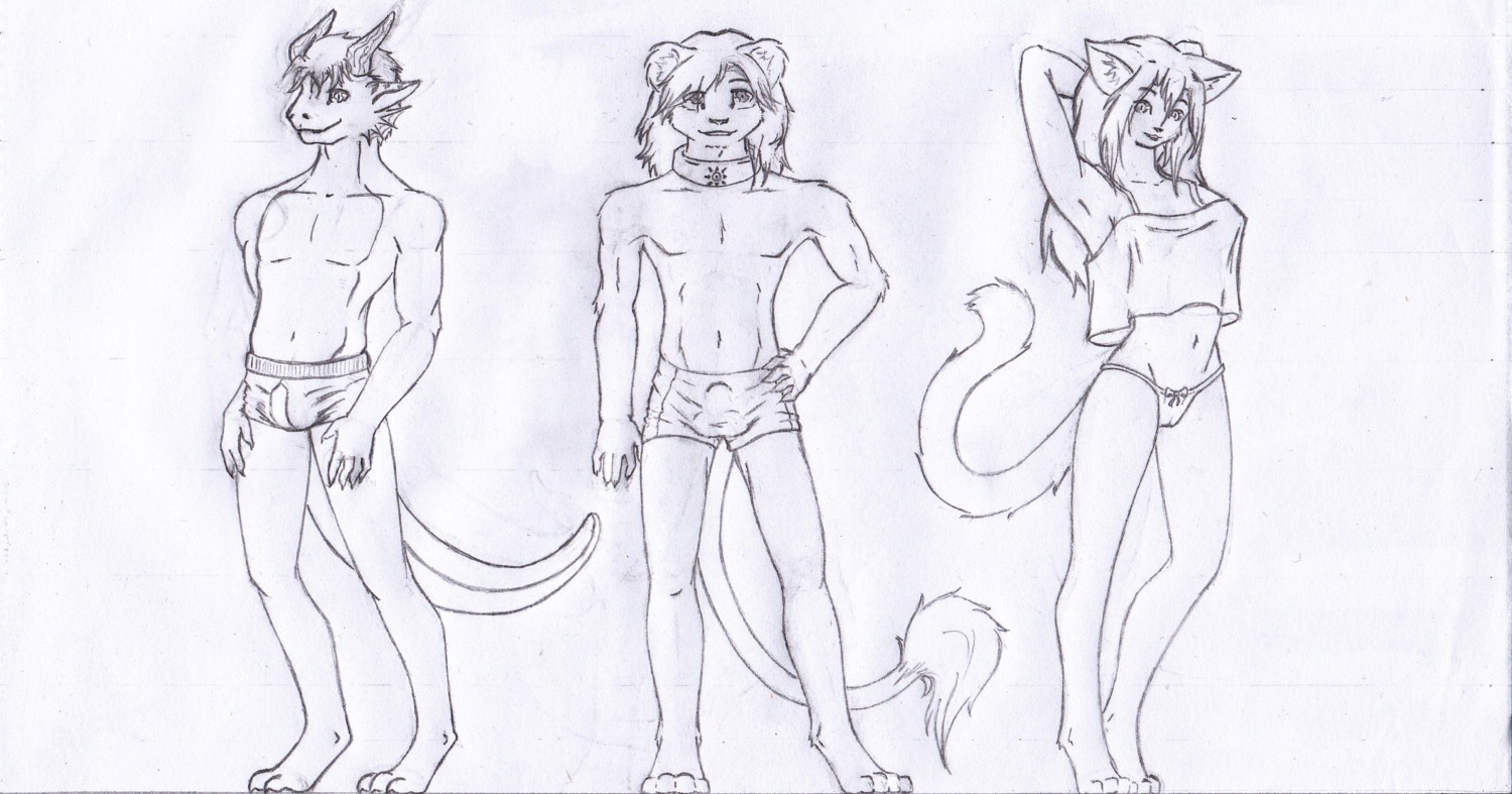 absurd_res anthro auron_denengrad bulge clothing collar detailed_bulge domestic_cat dragon e621 felid feline felis female genital_outline group hi_res leonirikuz lion male mammal monochrome mythological_creature mythological_scalie mythology pantherine penis_outline scalie tail underwear