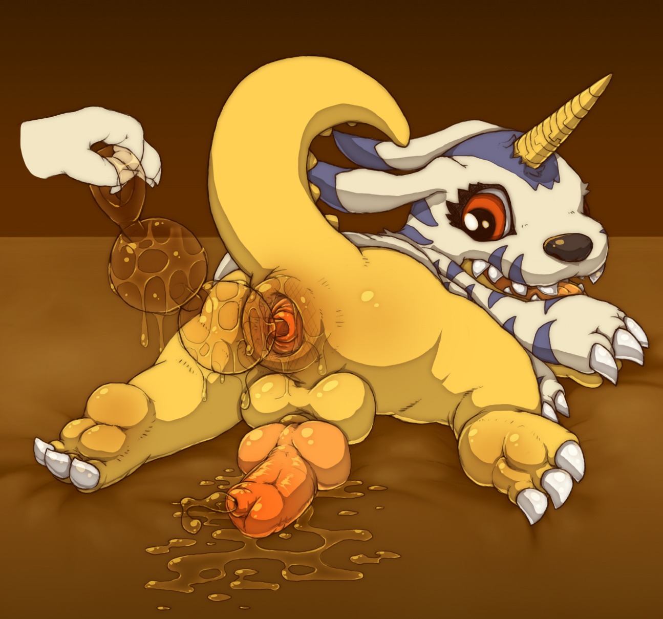2014 anal anal_beads anal_fluids anal_penetration anal_prolapse anthro anus backsack balls bandai_namco barefoot beads bodily_fluids butt claws digimon digimon_(species) disembodied_hand duo e621 erection feet fur gabumon gaping gaping_anus genital_fluids genitals hi_res horn knot long_ears looking_back looking_down lying male messy momiji-kun nude on_front open_mouth penetration penis penis_backwards precum prolapse puffy_anus sex_toy sharp_teeth solo_focus spread_legs spreading teeth toe_claws tongue