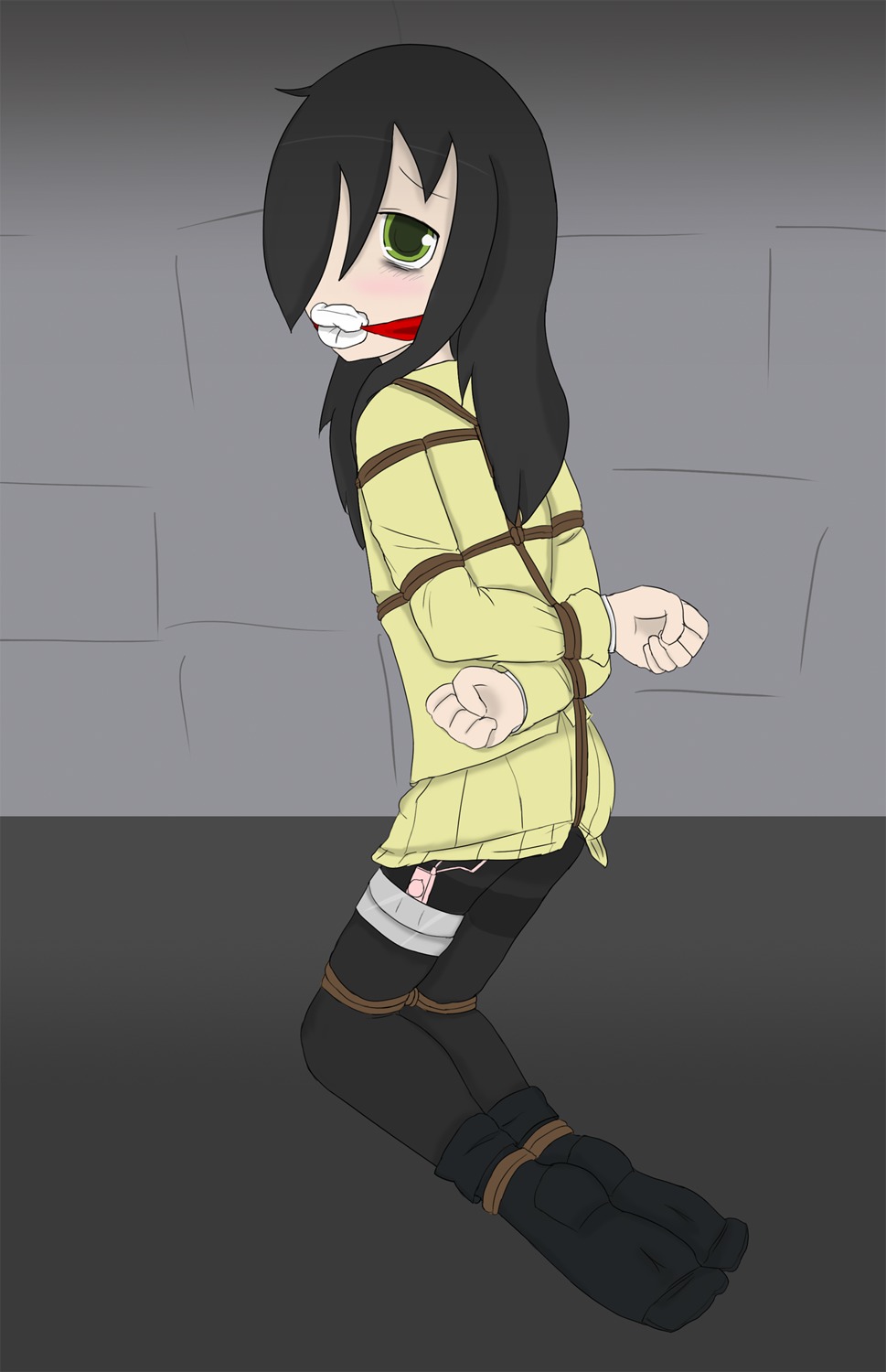 black_hair clothing female gagged green_eyes hair_over_one_eye kuroki_tomoko pantyhose rule34 school_uniform skirt vibrator vibrator_under_clothes watashi_ga_motenai_no_wa_dou_kangaetemo_omaera_ga_warui!