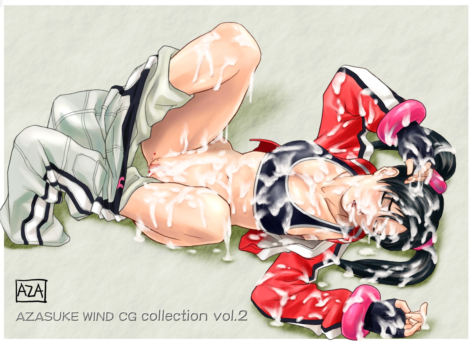 azasuke bikini_top black_hair blush brown_eyes censored female highres ling_xiaoyu no_panties pants_down pussy rule34 tekken tied_hair twintails