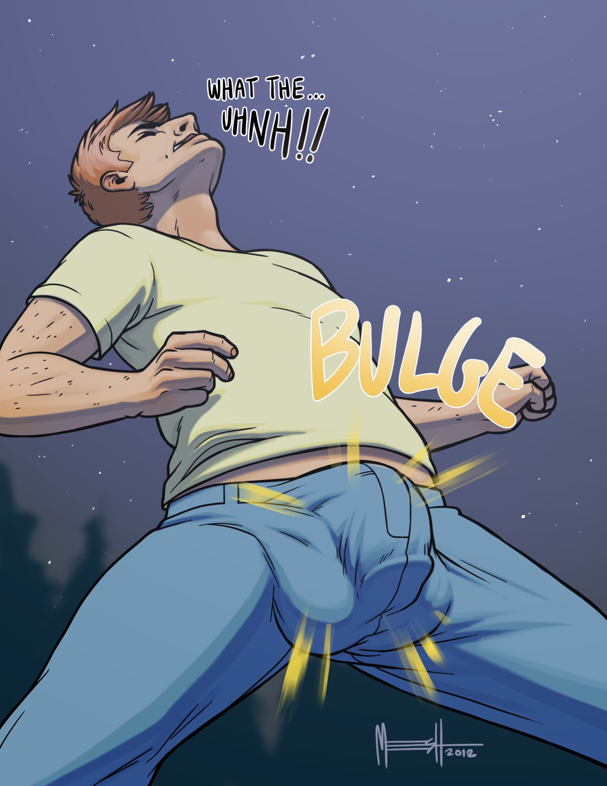 2012 5_fingers absurd_res arm_hair balls_outline belly biceps big_bulge body_hair bottomwear bulge clothed clothing comic detailed_bulge dialogue digital_media_(artwork) e621 ellipsis english_text expansion fingers fist forearm_hair forearms genital_expansion genital_outline grass hair hi_res human human_only looking_down male mammal manly meesh muscular muscular_male night not_furry orange_hair outside pants pecs penis_expansion penis_outline plant shadow solo species_transformation text transformation verbal_reaction_to_tf