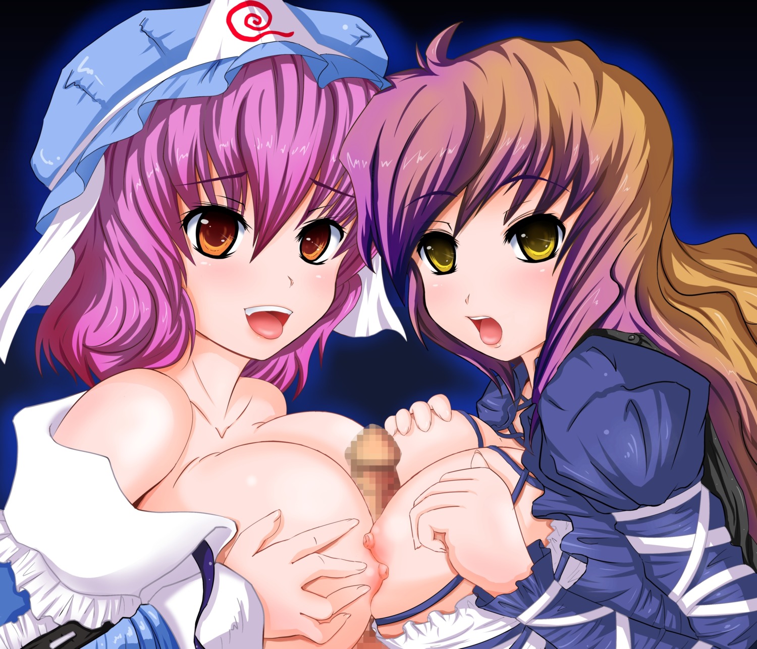 big_breasts blonde_hair breast_press breasts censored double_paizuri female hat highres hijiri_byakuren human kado large_breasts long_hair male multicolored_hair multiple_females multiple_girls multiple_paizuri nipples open_mouth paizuri penis pink_hair purple_hair red_eyes rule34 short_hair symmetrical_docking tongue touhou yuyuko_saigyouji