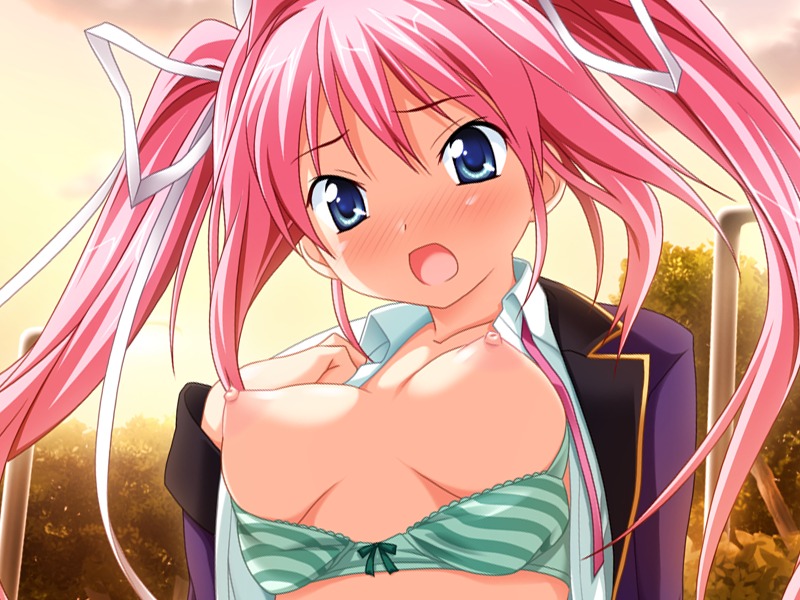 bra breasts exhibitionism female game_cg kodama_izayoi large_breasts lingerie long_hair nipples panties pink_hair public_nudity puffy_nipples ribbon ribbons rule34 skirt stellula_eques stellula_eques_~shokuzai_no_himekishi~ striped tied_hair twintails underwear