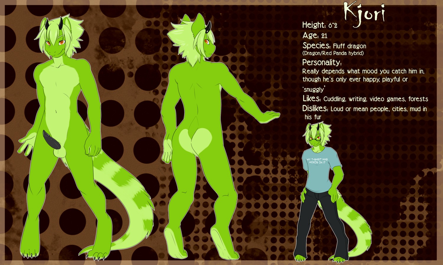 5:3 absurd_res ailurid anthro balls biped claws clothed clothing digital_media_(artwork) dragon e621 english_text erection fully_clothed genitals green_body green_hair hair hi_res horn hybrid kjori male mammal model_sheet mythological_creature mythological_scalie mythology nude penis red_panda scalie solo spazzykoneko tail text