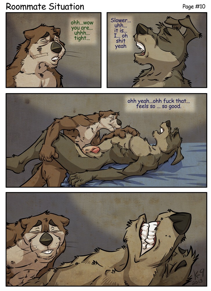 2013 abs anal anal_penetration anthro athletic canid canine canis comic dialogue domestic_dog duo e621 english_text erection eyebrows eyes_closed fur genitals humanoid_genitalia humanoid_penis k-9 lying male male/male male_penetrated male_penetrating male_penetrating_male mammal multiple_scenes mustelid nipples nude on_back open_mouth otter penetration penis profanity sex small_top_big_bottom teeth text whiskers