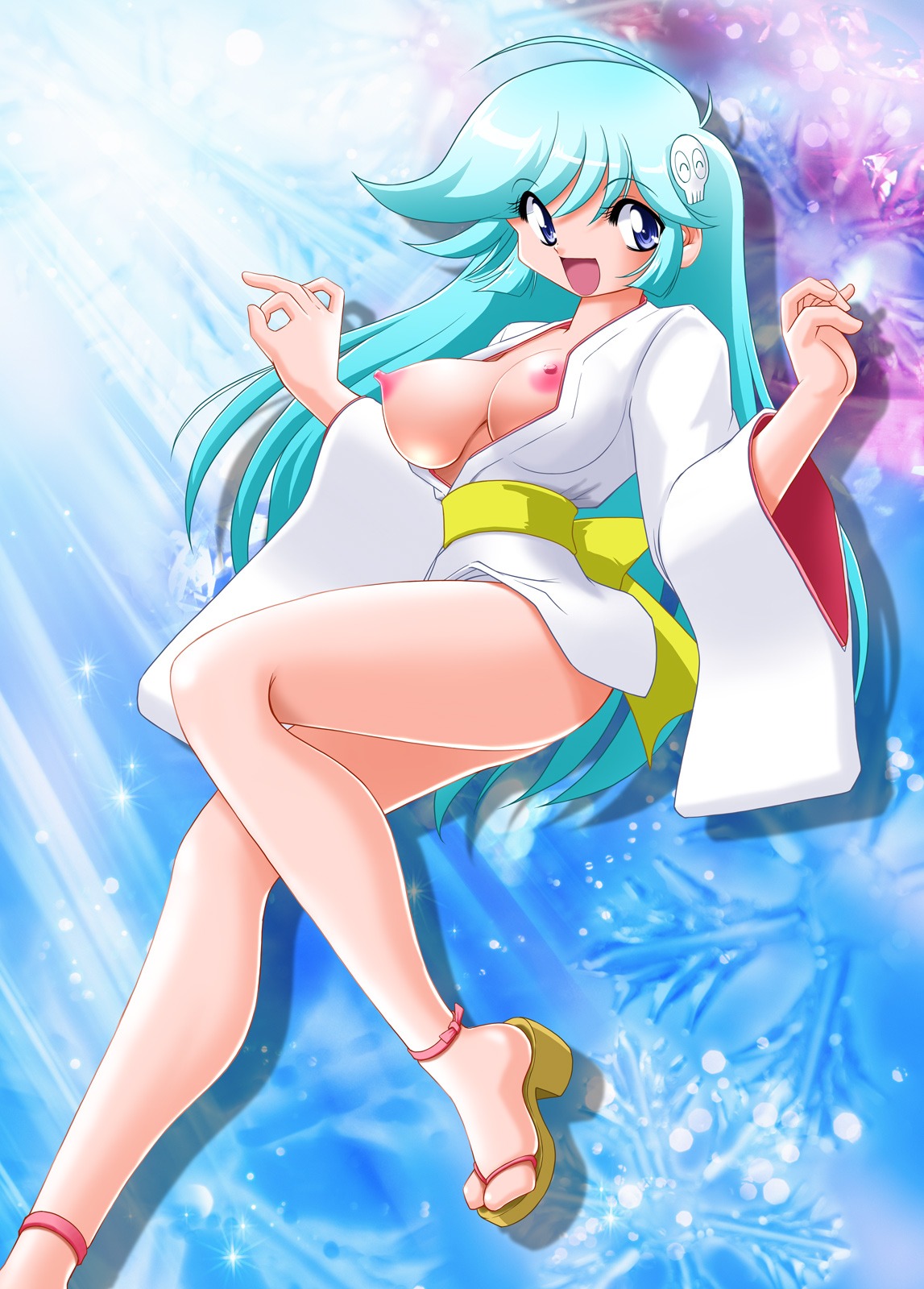1girls 2011 bad_feet blue blue_hair breasts dororon_enma-kun eyes feet female hair_ornament highres japanese_clothes large_breasts long_hair nipples princess rule34 skull_hair_ornament smile usso yuki_onna yukiko_hime