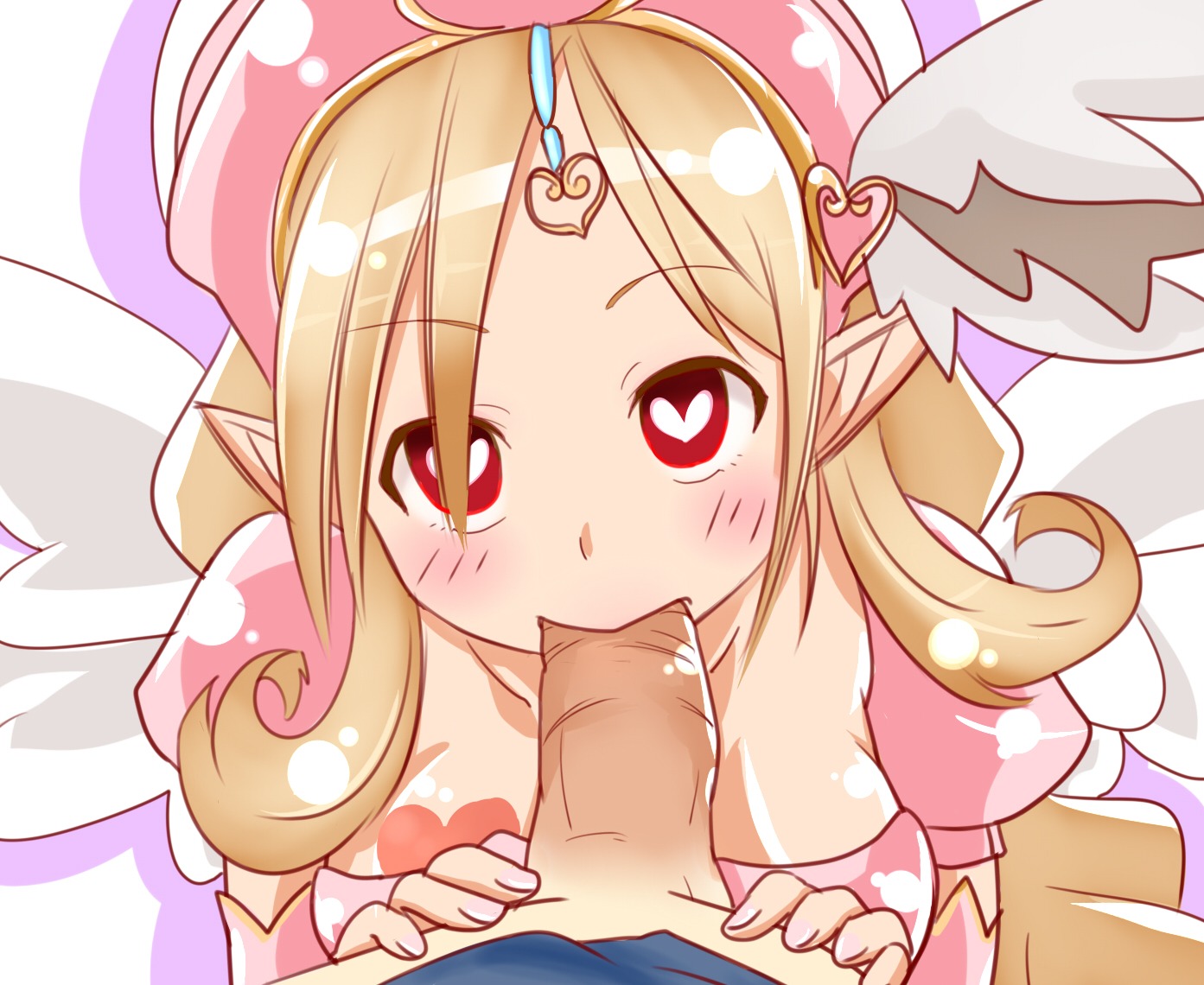 1girls 2d blush brown_hair cupid_(mon-musu_quest!) fellatio female female_focus female_rapist hair heart-shaped_pupils male male_pov male_rape_victim malesub mon-musu_quest monster_girl_quest oral pointy_ears pov red_eyes rule34