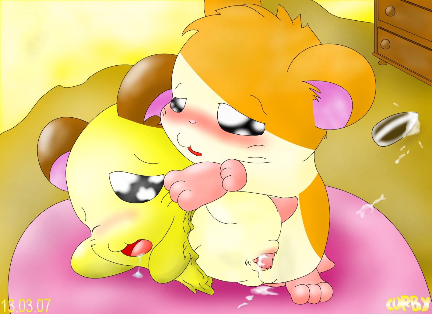 2007 balls blush bodily_fluids cricetid cum curby duo e621 erection female female_penetrated feral food genital_fluids genitals hamster hamtaro hamtaro_(series) male male/female male_penetrating male_penetrating_female mammal penelope_(hamtaro) penetration penile penis rodent seed sex sunflower_seed