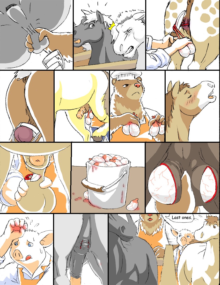 anatomically_correct anatomically_correct_feral anatomically_correct_genitalia anatomically_correct_penis anatomy animal_genitalia animal_penis anthro anus balls bear blood blood_from_penis blush bodily_fluids bucket castration cock_and_ball_torture comic container dialogue digital_media_(artwork) domestic_pig e621 english_text equid equine equine_genitalia equine_penis eunuch exposed_testicle feral flaccid genital_mutilation genital_torture genitals gore gore_focus group horse male mammal mutilation nightmare_fuel penis reiger severed_balls severed_body_part severed_genitals suid suine sus_(pig) text the_truth vein veiny_balls what