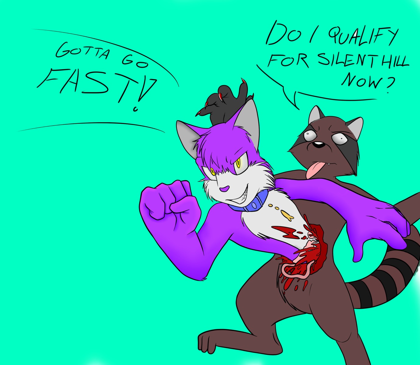 animalcells anthro blood bodily_fluids collar domestic_cat duo e621 english_text felid feline felis female fur gore grape_jelly_(housepets!) green_background guts hi_res housepets! intestines male mammal organs procyonid purple_body purple_fur raccoon simple_background tail text