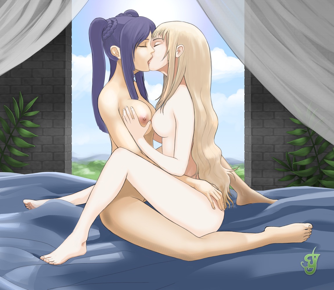 2d blonde_hair blue_hair breasts female female_only jace linfa luserina_barows medium_breasts multiple_females multiple_girls rule34 suikoden suikoden_v yuri