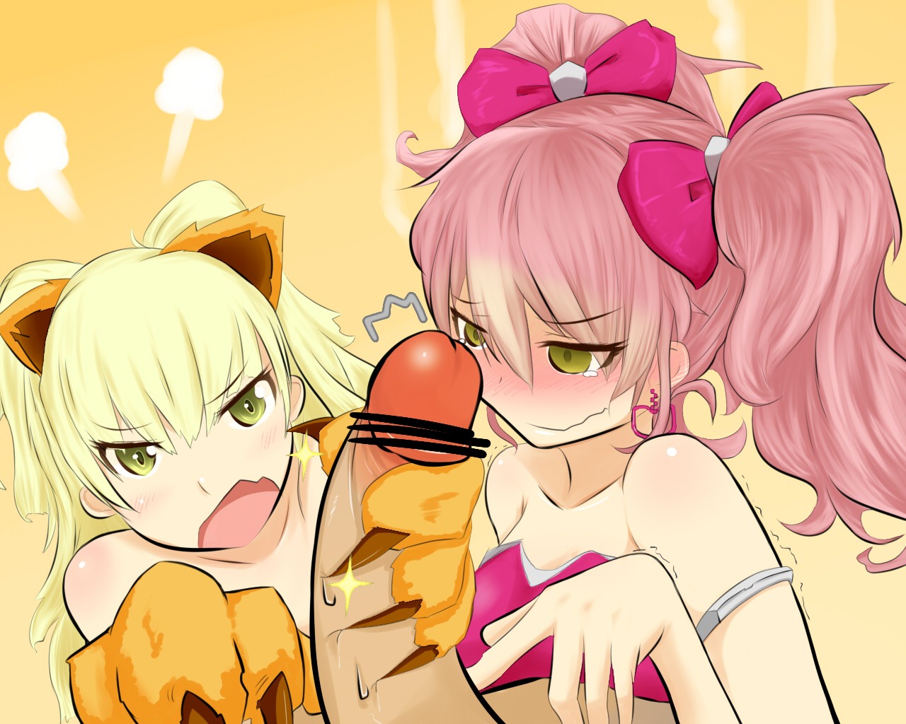 1boy 2girls angry animal_ears blonde_hair blush censor_bar censored earrings fake_animal_ears female full-face_blush hair_ribbon handjob highres holding_penis idolmaster idolmaster_cinderella_girls jougasaki_mika jougasaki_rika light-skinned_female light-skinned_male light_skin looking_at_viewer male male_pov nervous nervous_smile open_mouth penis penis_awe pink_hair pov rule34 sisters twintails