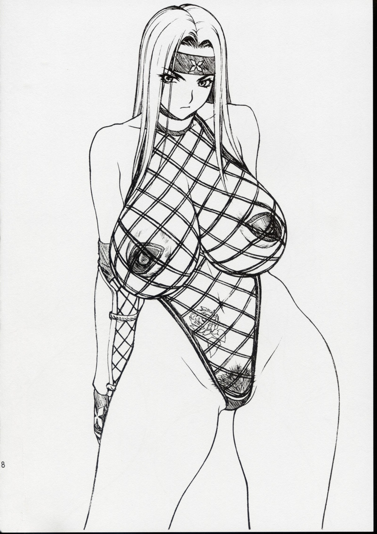 1girls areola benikage bloody_shadow breasts cleavage curvy elbow_gloves erect_nipples female female_only fishnets gloves headband highres huge_breasts inoue_takuya long_hair monochrome ninja nipples no_bra one-piece_swimsuit pasties pubic_hair puffy_nipples rule34 rumble_roses solo swimsuit tattoo
