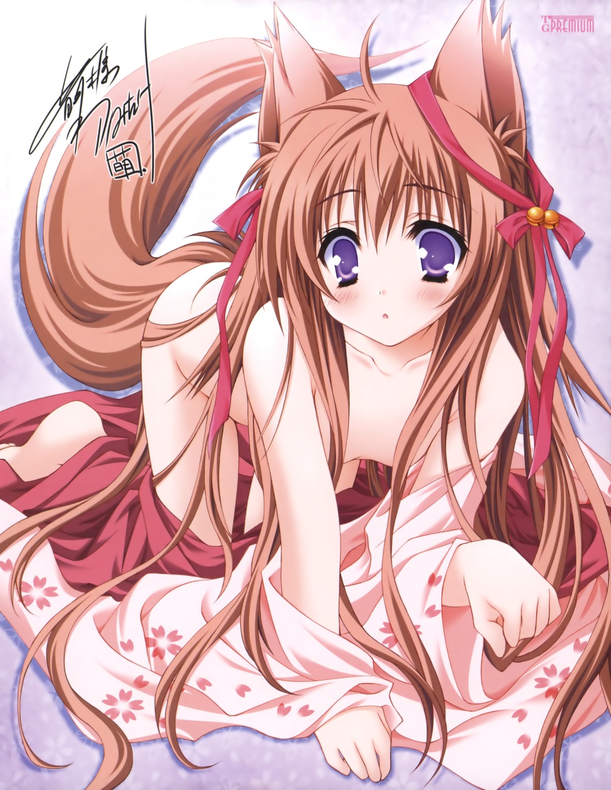 all_fours animal_ears barefoot bell blush brown_hair female flat_chest fox_ears fox_tail hair_ribbon hair_ribbons highres japanese_clothes kimono long_hair lump_of_sugar mito_mashiro moekibara_fumitake pink_hair purple_eyes ribbon ribbons rule34 signature tail tayutama undressing very_long_hair