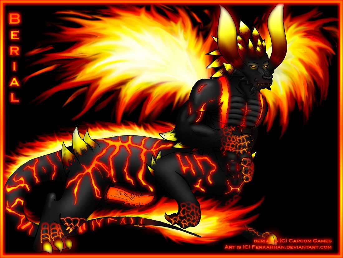 berial black_body capcom claws demon devil_may_cry devil_may_cry_4 e621 erection ferkahhan fire flaming_tail genitals glowing heat_(temperature) hell horn lava_skin male orange_penis penis solo spikes spines tail