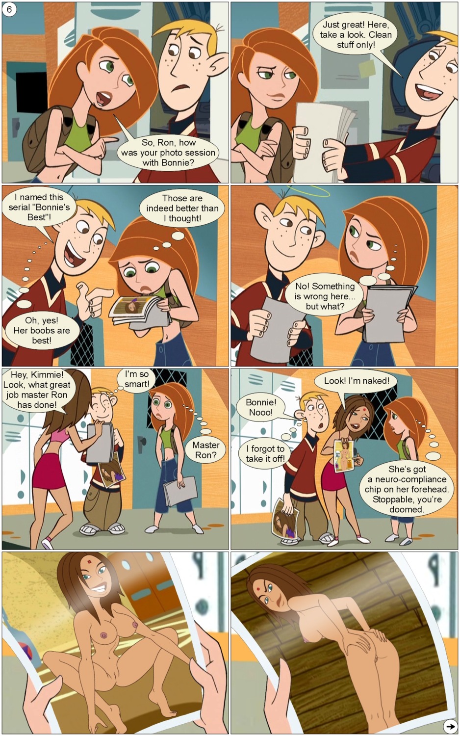 1boy 2girls blonde_hair bonnie_rockwaller brown_hair comic disney disney_channel english_text female gagala ginger green_eyes human kim_possible kimberly_ann_possible light-skinned_female light-skinned_male light_skin male multiple_females multiple_girls nipples page_6 photography_class ron_stoppable rule34 straight_hair tan-skinned_female teal_eyes text white_female white_male