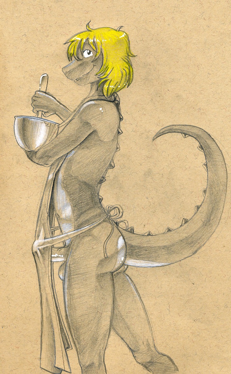5_fingers anthro apron apron_only balls biped blonde_hair bowl bulge butt clothing container crocodile crocodilian e621 erection fingers genitals hair hi_res holding_object humanoid_genitalia humanoid_hands humanoid_penis looking_aside male mostly_nude partially_colored penis portrait raised_tail reptile scalie short_hair simple_background sketch smile solo standing tail three-quarter_portrait tush_(artist)