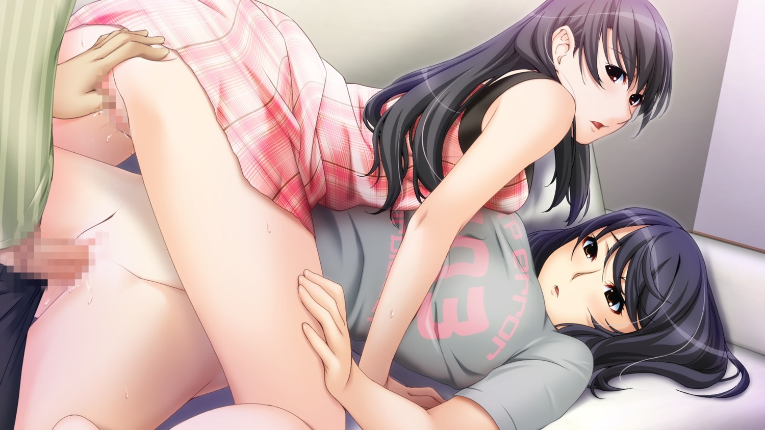 breasts censored female highres human large_breasts male nipples purple_hair rule34 short_hair sister_scheme_2 straight sweat threesome yanagawa_amane yanagawa_shiori