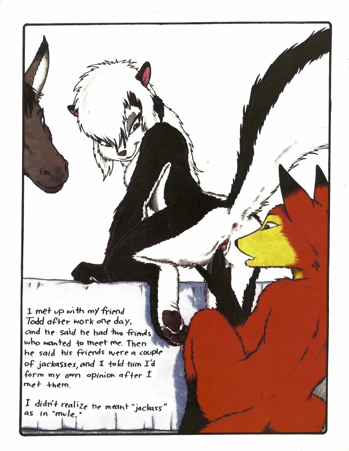 4_toes absurd_res anthro anus asinus barefoot black_pawpads breasts canid canine claws comic dialogue donkey e621 english_text equid equine feet female fingering fox genitals group group_sex hi_res hindpaw james_m_hardiman lori_(jmh) male male/female mammal mephitid nude pawpads paws raised_tail sex side_boob skunk soles tail text threesome toes trio vaginal vaginal_fingering vulva